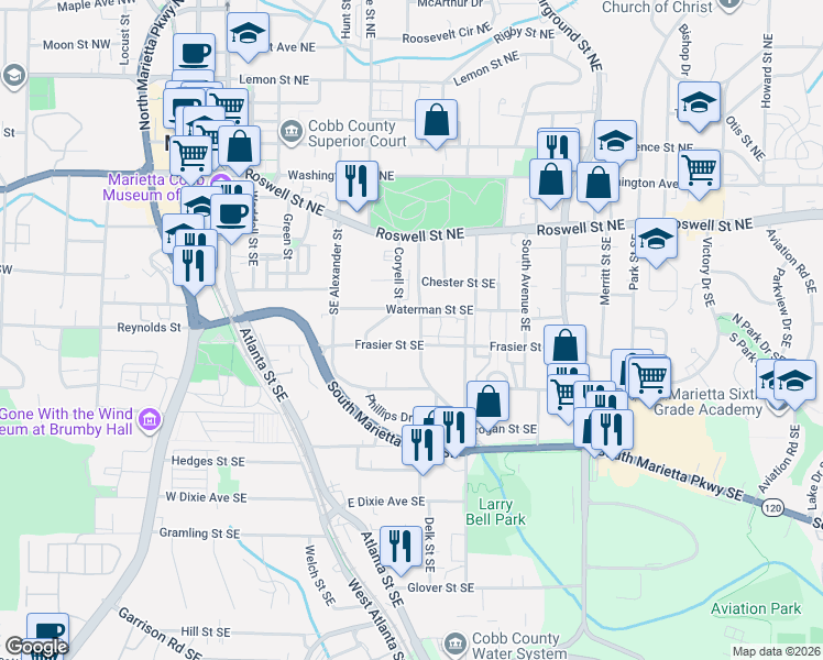 map of restaurants, bars, coffee shops, grocery stores, and more near 233 Southeast Lakewood Drive in Marietta