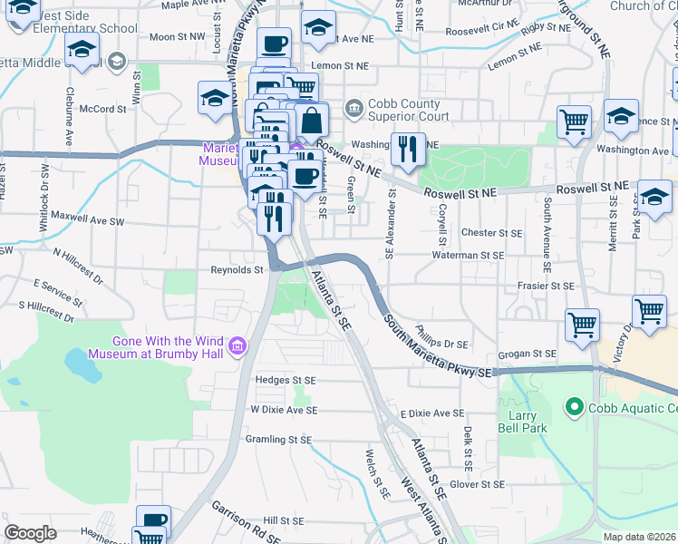 map of restaurants, bars, coffee shops, grocery stores, and more near 319 West Atlanta Street Southeast in Marietta