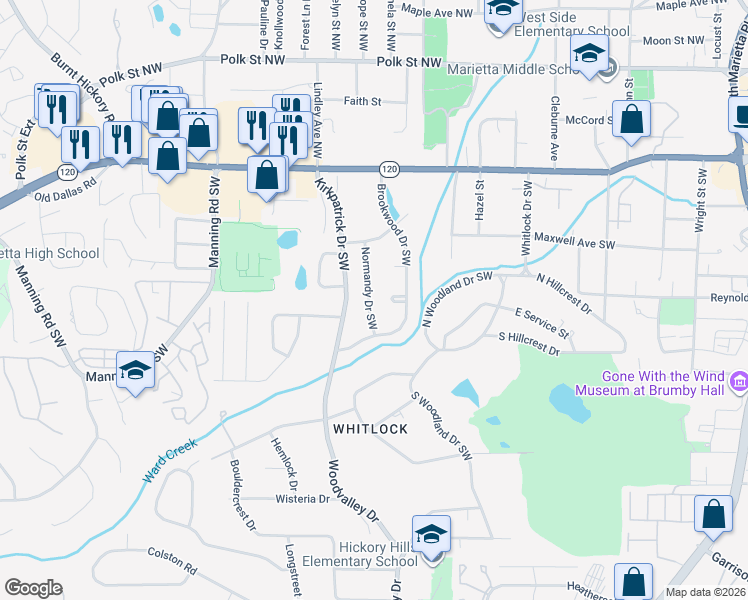 map of restaurants, bars, coffee shops, grocery stores, and more near 215 Normandy Drive Southwest in Marietta