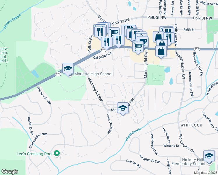 map of restaurants, bars, coffee shops, grocery stores, and more near 154 Kimberly Way Southwest in Marietta