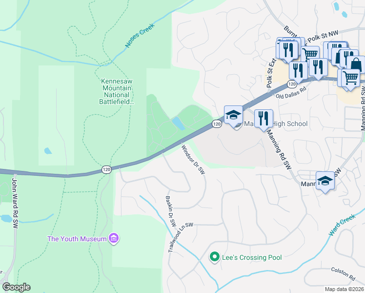 map of restaurants, bars, coffee shops, grocery stores, and more near 1325 Windsor Drive Southwest in Marietta