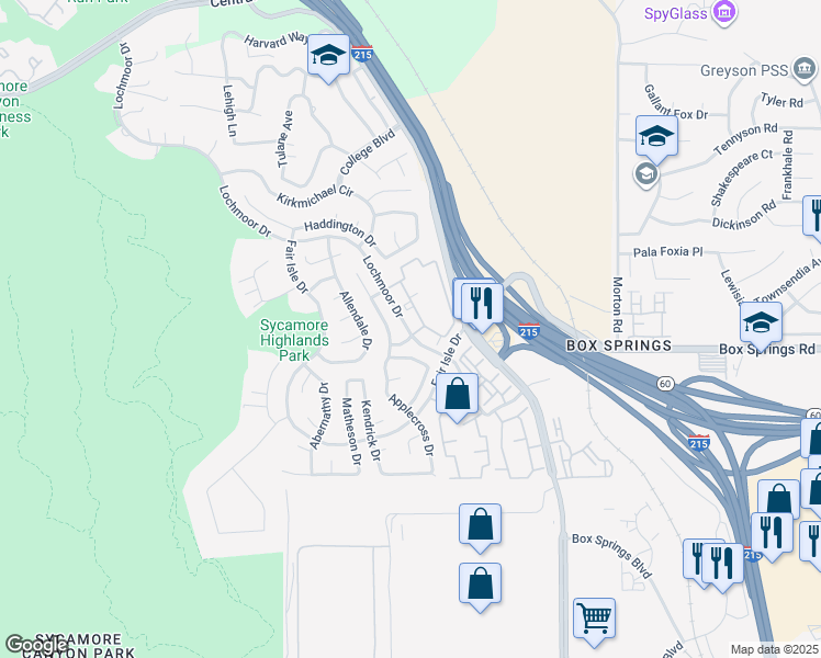 map of restaurants, bars, coffee shops, grocery stores, and more near 1598 Stoneykirk Drive in Riverside