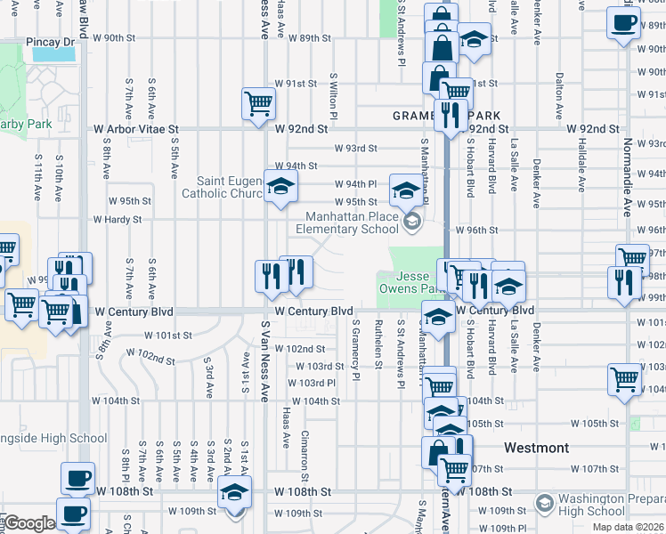 map of restaurants, bars, coffee shops, grocery stores, and more near 2031 West 98th Street in Los Angeles