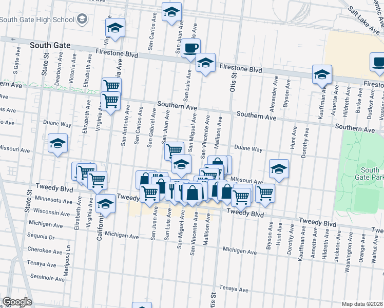 map of restaurants, bars, coffee shops, grocery stores, and more near 9540 San Miguel Avenue in South Gate