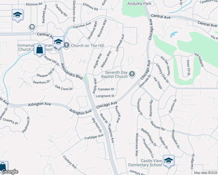 map of restaurants, bars, coffee shops, grocery stores, and more near 1971 Camden Street in Riverside