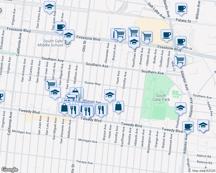 map of restaurants, bars, coffee shops, grocery stores, and more near 9505 Bryson Avenue in South Gate
