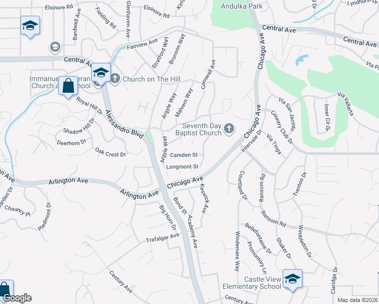 map of restaurants, bars, coffee shops, grocery stores, and more near 1971 Camden Street in Riverside
