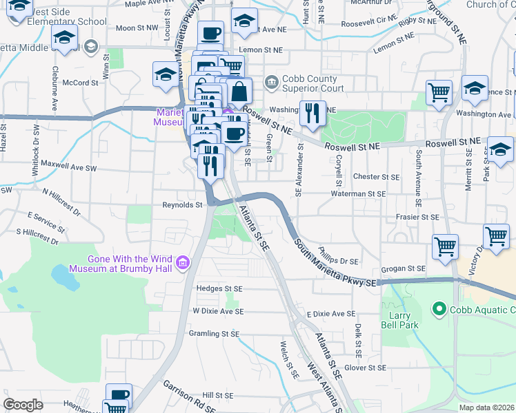 map of restaurants, bars, coffee shops, grocery stores, and more near 319 West Atlanta Street Southeast in Marietta
