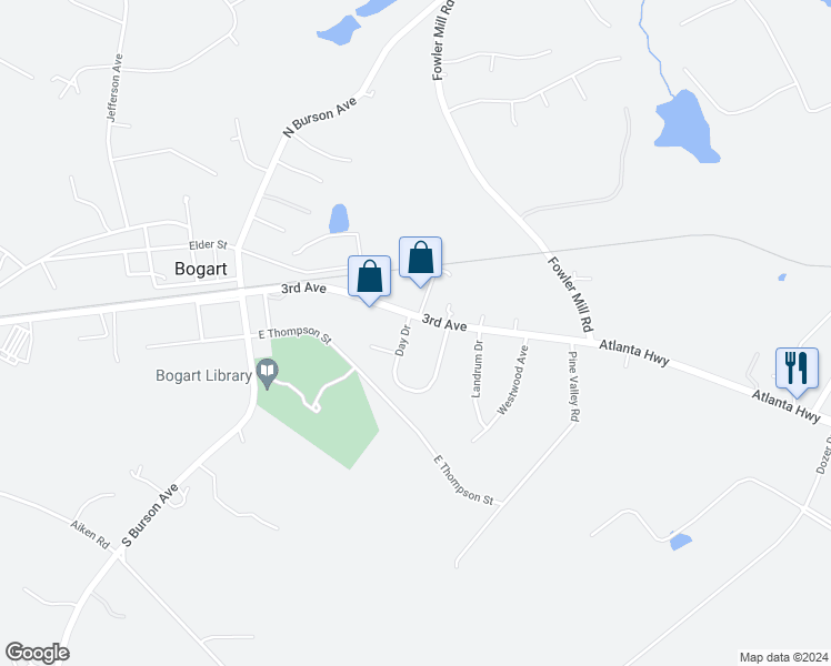 map of restaurants, bars, coffee shops, grocery stores, and more near 2808 Day Dr in Bogart