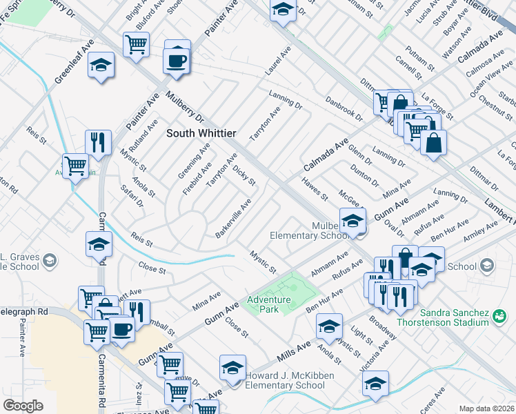 map of restaurants, bars, coffee shops, grocery stores, and more near 9655 Calmada Avenue in Whittier