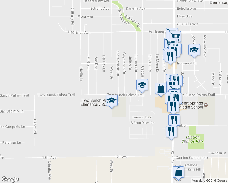 map of restaurants, bars, coffee shops, grocery stores, and more near 14250 West Drive in Desert Hot Springs
