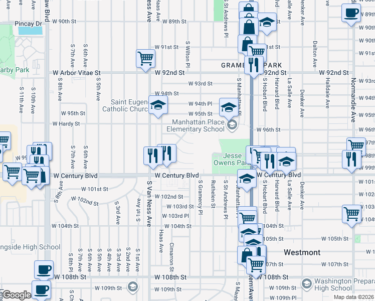 map of restaurants, bars, coffee shops, grocery stores, and more near 2031 West 98th Street in Los Angeles
