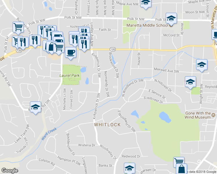 map of restaurants, bars, coffee shops, grocery stores, and more near 215 Normandy Drive Southwest in Marietta