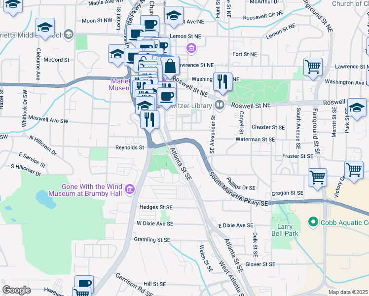 map of restaurants, bars, coffee shops, grocery stores, and more near 319 Atlanta Street Southeast in Marietta