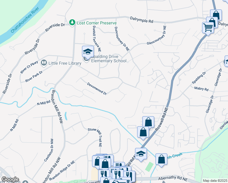map of restaurants, bars, coffee shops, grocery stores, and more near 239 Devonwood Drive in Sandy Springs