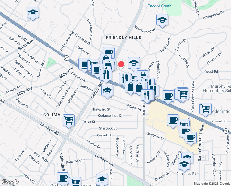 map of restaurants, bars, coffee shops, grocery stores, and more near 15213 Jupiter Street in Whittier