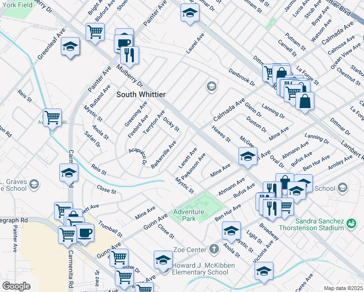 map of restaurants, bars, coffee shops, grocery stores, and more near 9655 Calmada Avenue in Whittier