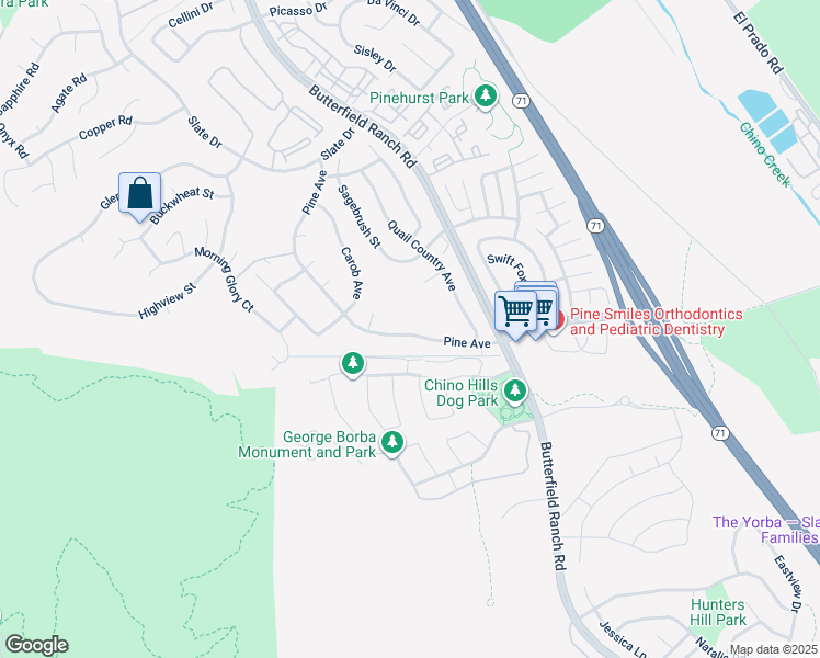 map of restaurants, bars, coffee shops, grocery stores, and more near 5544 Pine Avenue in Chino Hills