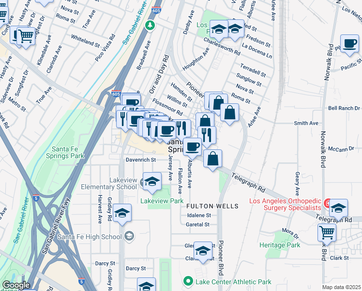 map of restaurants, bars, coffee shops, grocery stores, and more near 11423 Fredson Street in Santa Fe Springs