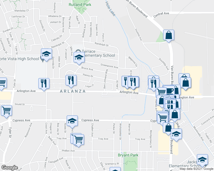 map of restaurants, bars, coffee shops, grocery stores, and more near 8505 Arlington Avenue in Riverside