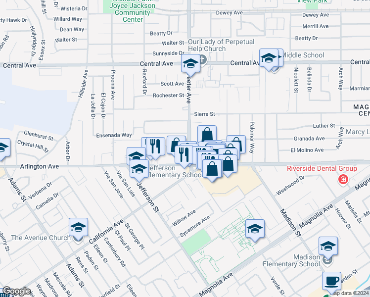 map of restaurants, bars, coffee shops, grocery stores, and more near 6935 Streeter Avenue in Riverside