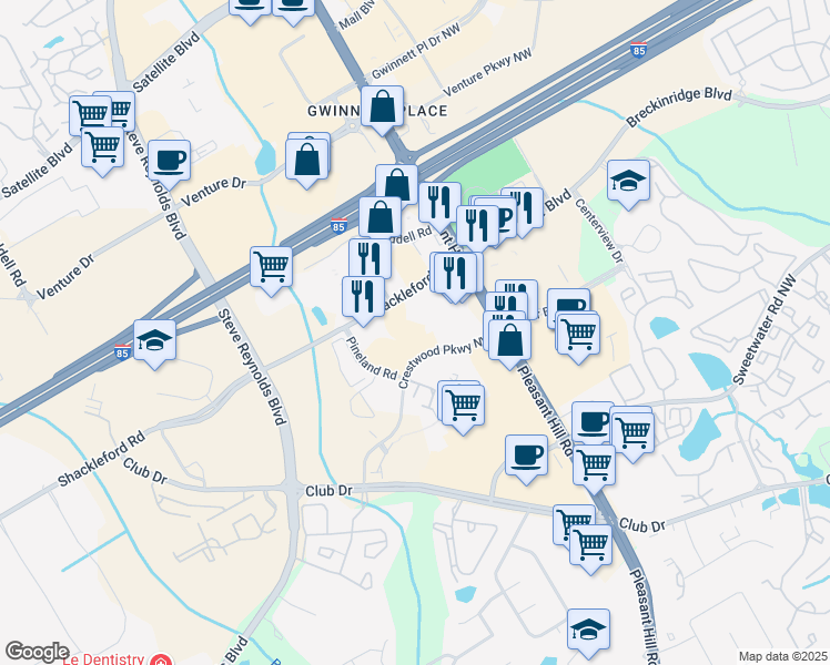 map of restaurants, bars, coffee shops, grocery stores, and more near 3675 Crestwood Parkway in Duluth