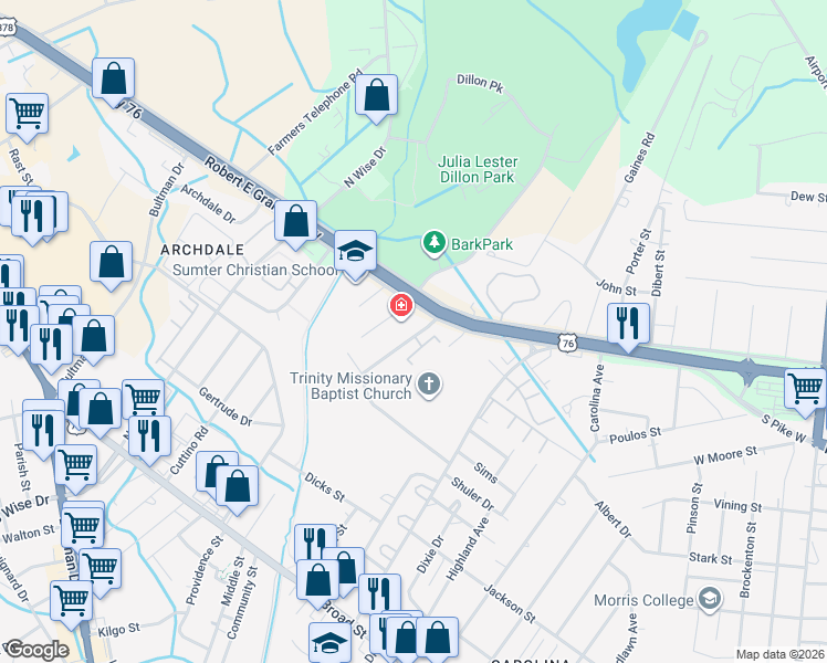map of restaurants, bars, coffee shops, grocery stores, and more near 400 South Pike West in Sumter