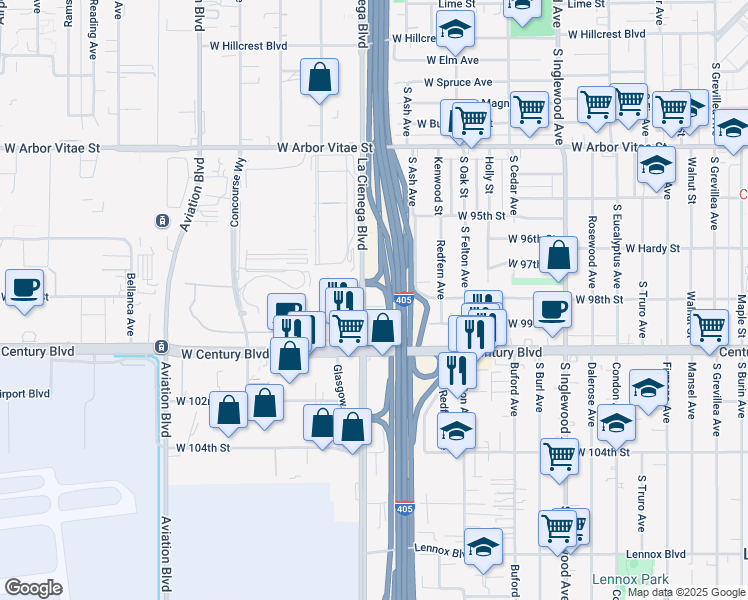 map of restaurants, bars, coffee shops, grocery stores, and more near 9760 South La Cienega Boulevard in Inglewood