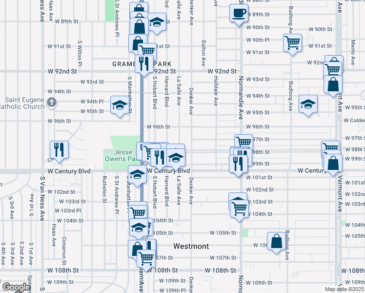 map of restaurants, bars, coffee shops, grocery stores, and more near 9646 La Salle Avenue in Los Angeles