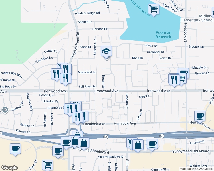 map of restaurants, bars, coffee shops, grocery stores, and more near 11967 Sugar Creek Court in Moreno Valley