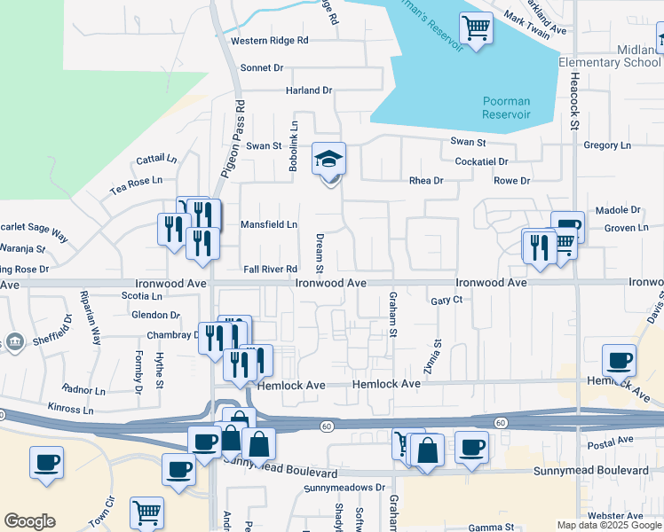 map of restaurants, bars, coffee shops, grocery stores, and more near 11967 Sugar Creek Court in Moreno Valley