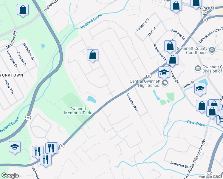 map of restaurants, bars, coffee shops, grocery stores, and more near 771 James Circle in Lawrenceville