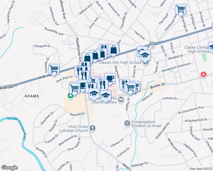 map of restaurants, bars, coffee shops, grocery stores, and more near 1230 Baxter Street in Athens
