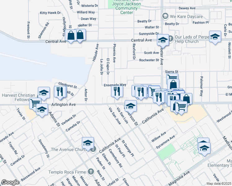 map of restaurants, bars, coffee shops, grocery stores, and more near 6930 Phoenix Avenue in Riverside