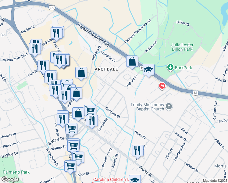 map of restaurants, bars, coffee shops, grocery stores, and more near 230 Lawrence Street in Sumter