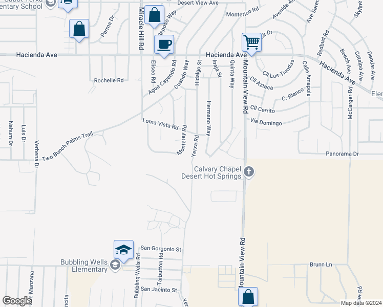 map of restaurants, bars, coffee shops, grocery stores, and more near Hacienda Avenue in Desert Hot Springs