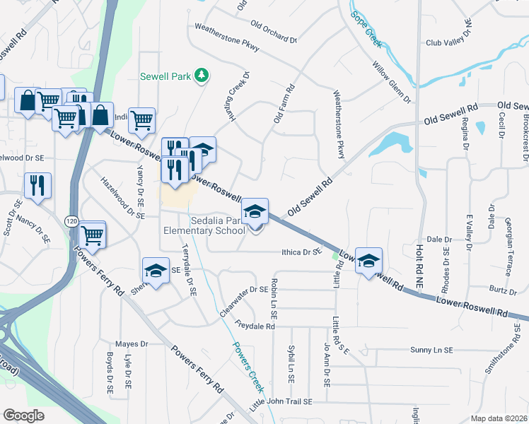 map of restaurants, bars, coffee shops, grocery stores, and more near 2225 Lower Roswell Road in Marietta