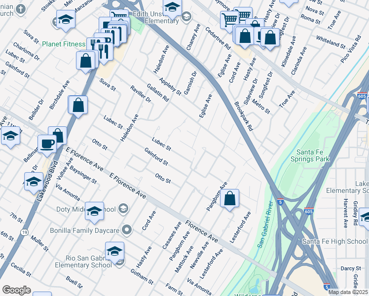 map of restaurants, bars, coffee shops, grocery stores, and more near 9378 Suva Street in Downey