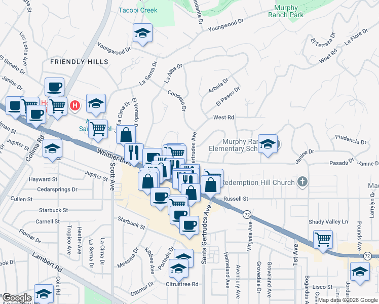 map of restaurants, bars, coffee shops, grocery stores, and more near 10015 Santa Gertrudes Avenue in Whittier