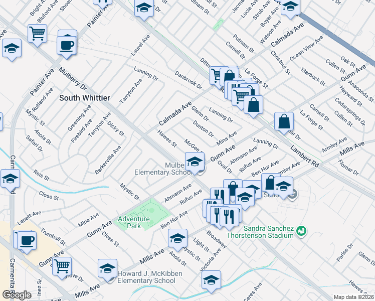 map of restaurants, bars, coffee shops, grocery stores, and more near 14017 Hawes Street in Whittier