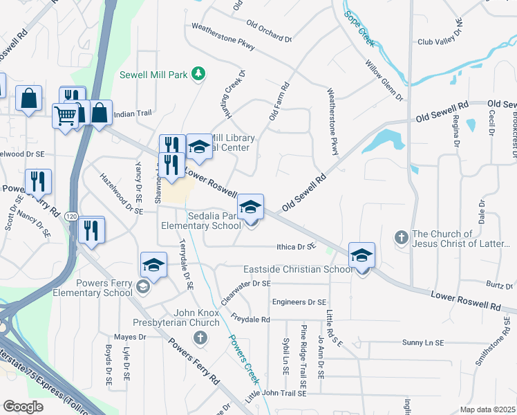 map of restaurants, bars, coffee shops, grocery stores, and more near 2230 Lower Roswell Road in Marietta