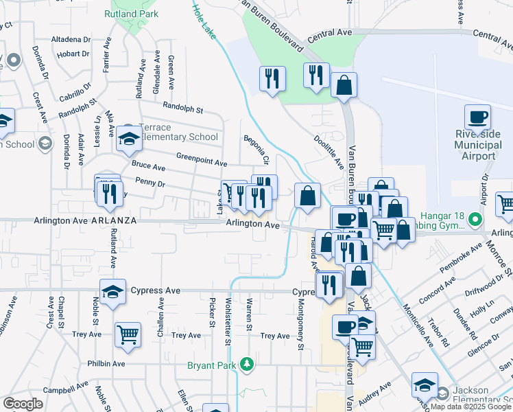 map of restaurants, bars, coffee shops, grocery stores, and more near 8186 Zinnia Place in Riverside