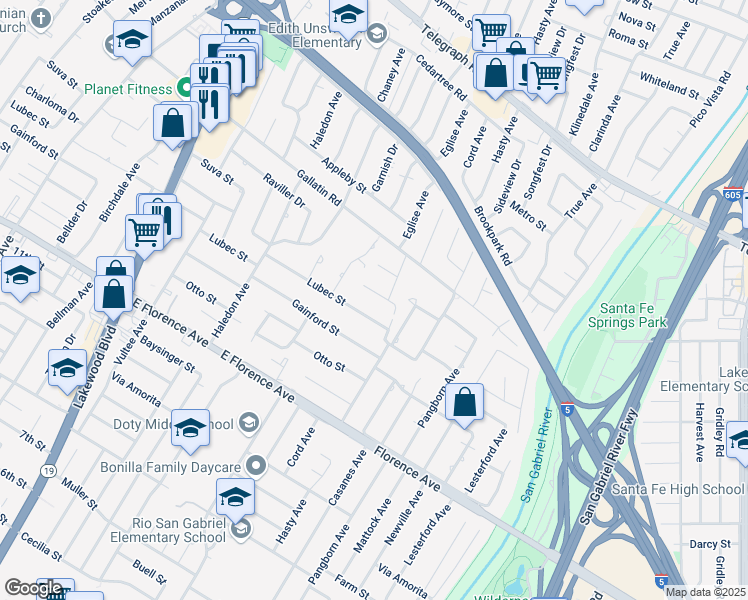 map of restaurants, bars, coffee shops, grocery stores, and more near 9378 Suva Street in Downey