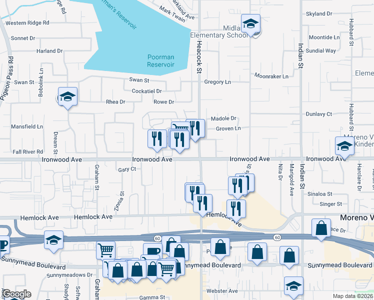 map of restaurants, bars, coffee shops, grocery stores, and more near 23900 Ironwood Avenue in Moreno Valley
