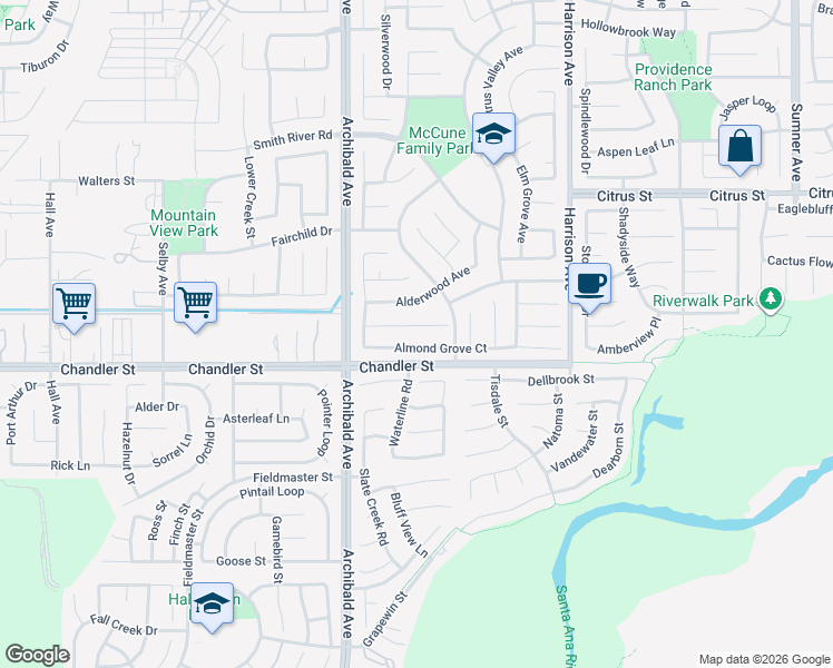 map of restaurants, bars, coffee shops, grocery stores, and more near 7746 Alderwood Avenue in Corona