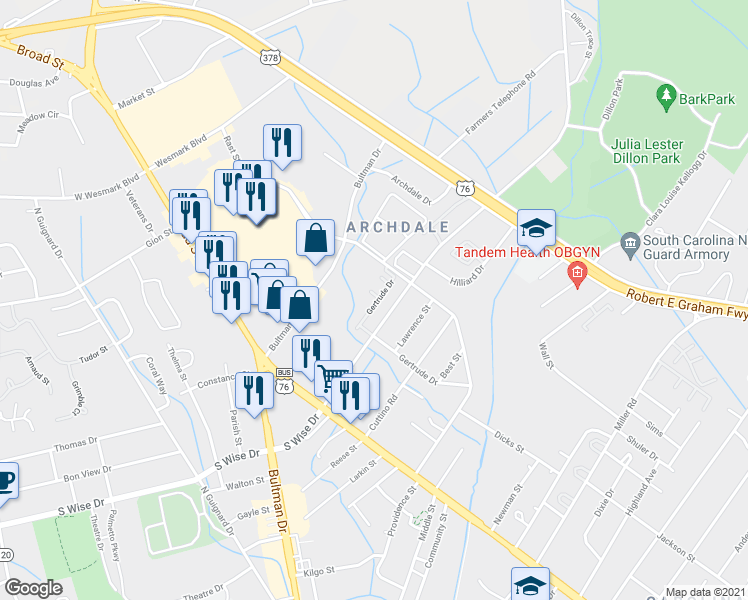 map of restaurants, bars, coffee shops, grocery stores, and more near 44 Hackberry Court in Sumter