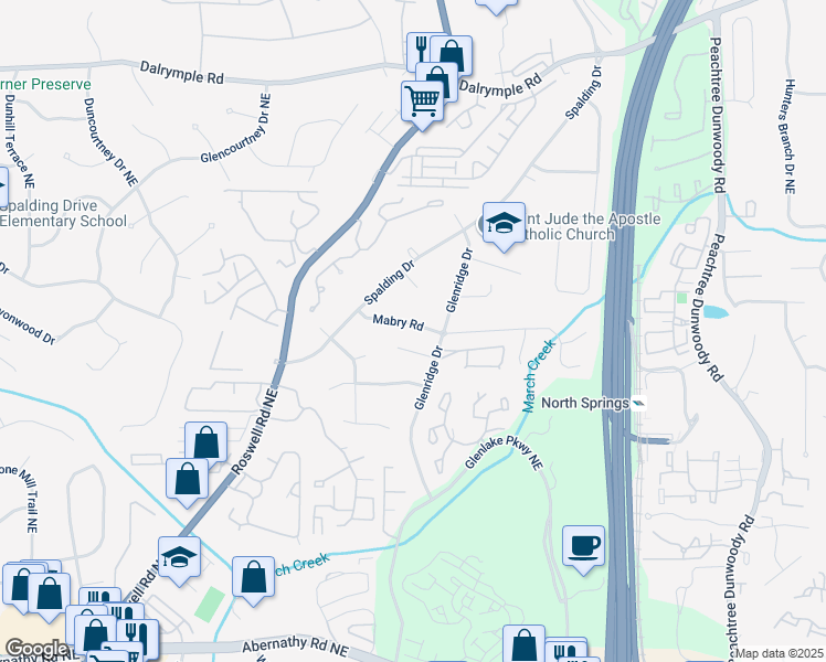 map of restaurants, bars, coffee shops, grocery stores, and more near 631 Mabry Road in Sandy Springs
