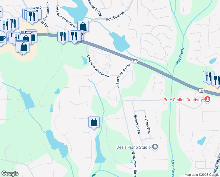 map of restaurants, bars, coffee shops, grocery stores, and more near 3087 Mountain Shadow Way in Marietta