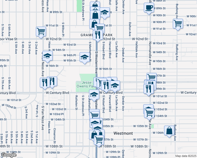 map of restaurants, bars, coffee shops, grocery stores, and more near 9621 South Hobart Boulevard in Los Angeles