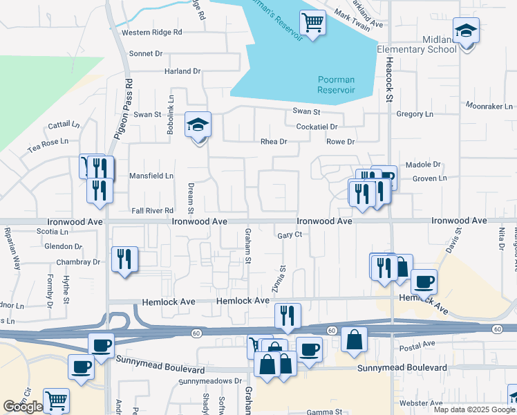 map of restaurants, bars, coffee shops, grocery stores, and more near 11890 Wild Flax Lane in Moreno Valley